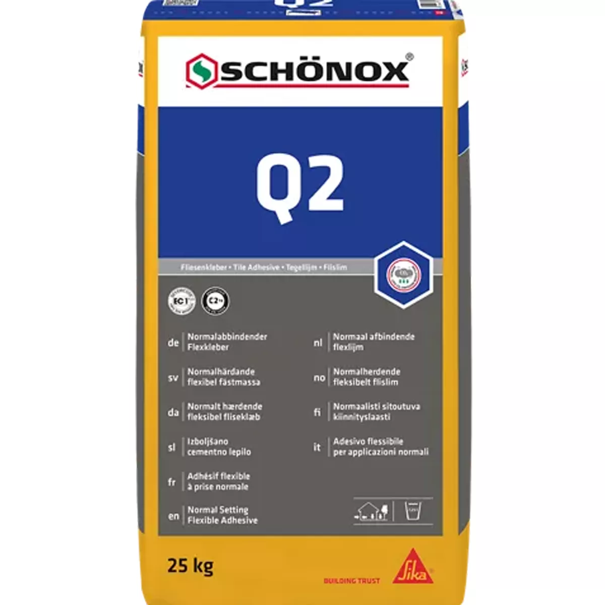 Schönox Q2 гъвкаво лепило за порцеланови и керамични плочки C2TE (25 кг)
